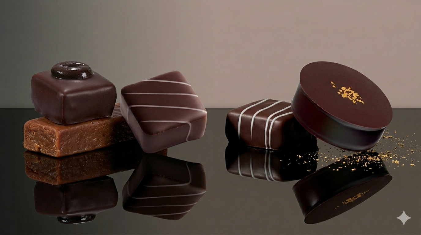 assortiment de bonbons chocolats, ganache et praliné