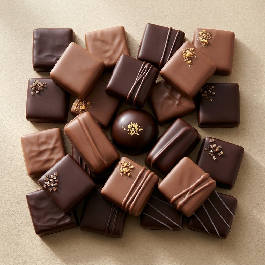 Assortiment de bonbons de chocolat ganache et praliné artisanaux disposés sur un fond beige