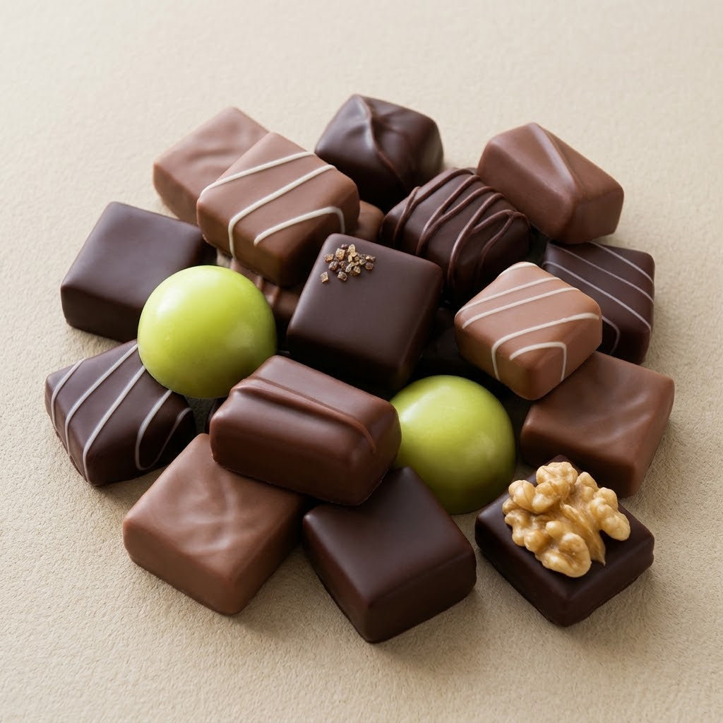Assortiment de bonbons de chocolat artisanaux lait, noir, blanc disposés sur un fond beige
