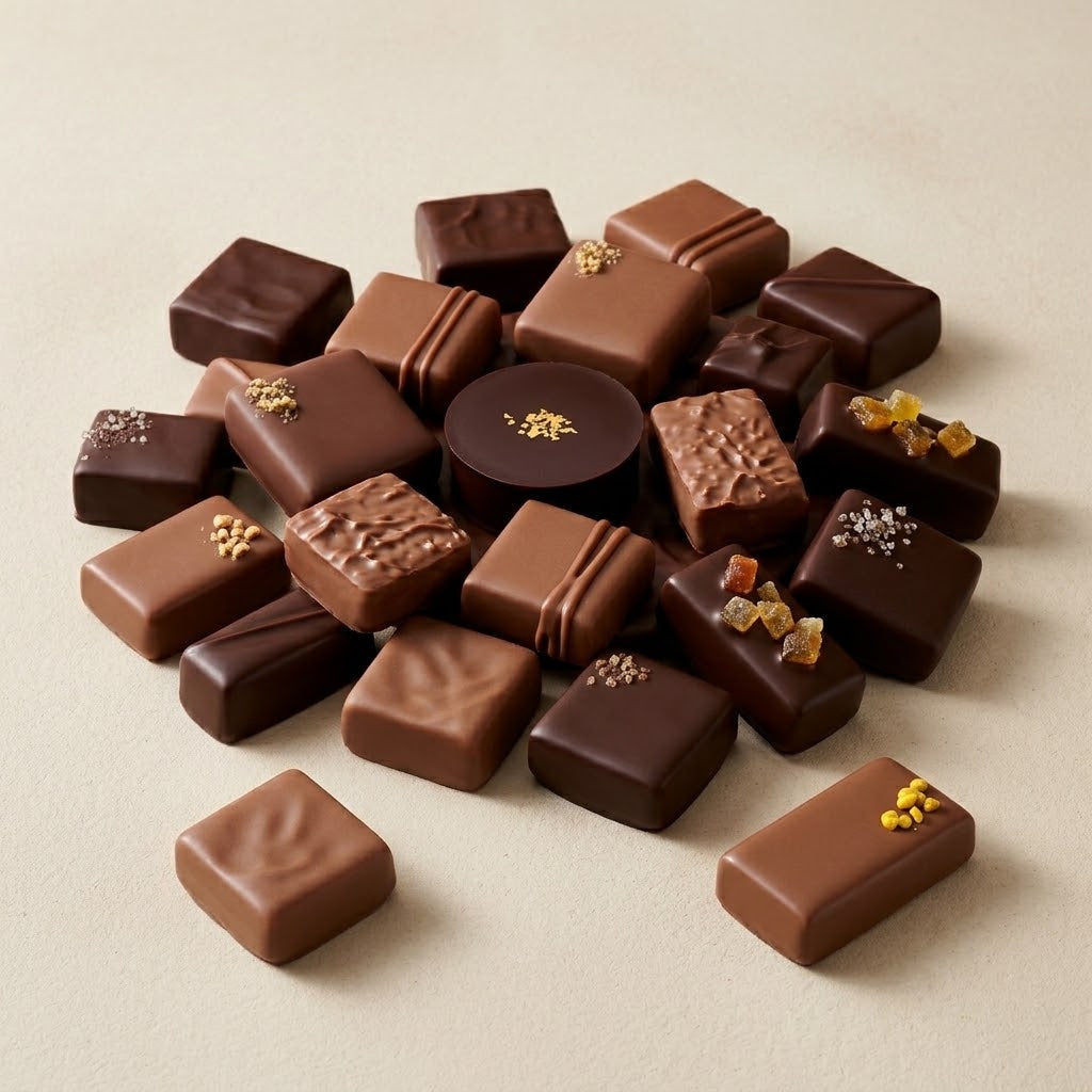 Assortiment de bonbons de chocolat lait et noir artisanaux disposés sur un fond beige