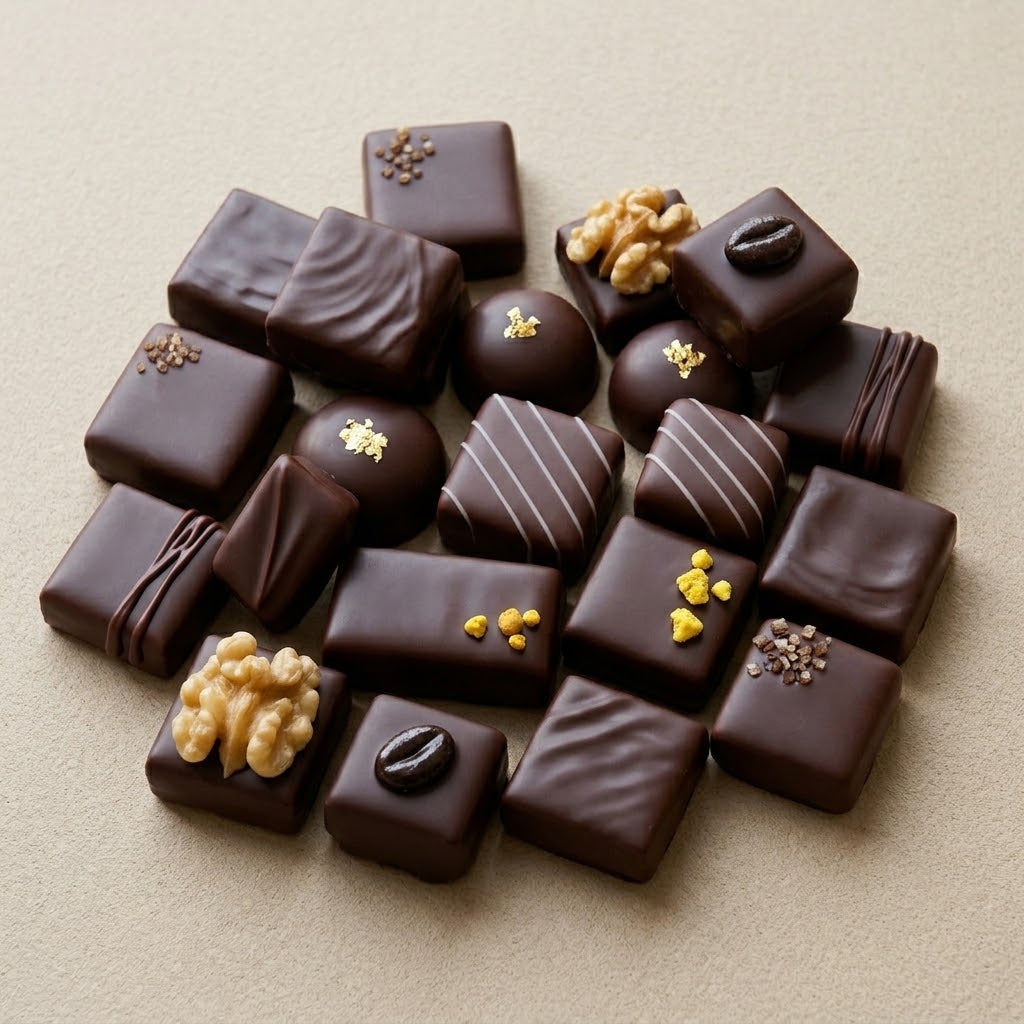 Assortiment de bonbons de chocolat noir artisanaux disposés sur un fond beige
