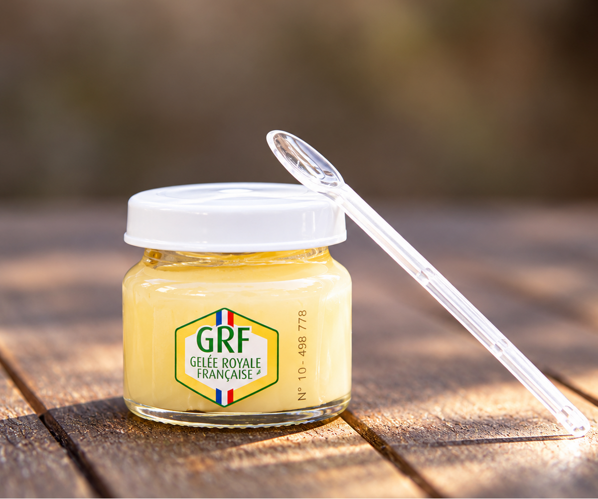 Pot de 10 g de gelée royale française GRF, accompagné de sa cuillère de dégustation