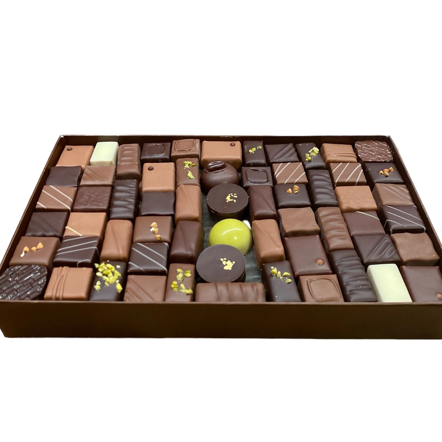 Grand coffret prestige de chocolats artisanaux assortis noir et lait – La Maison du Rocher Miel & Chocolat