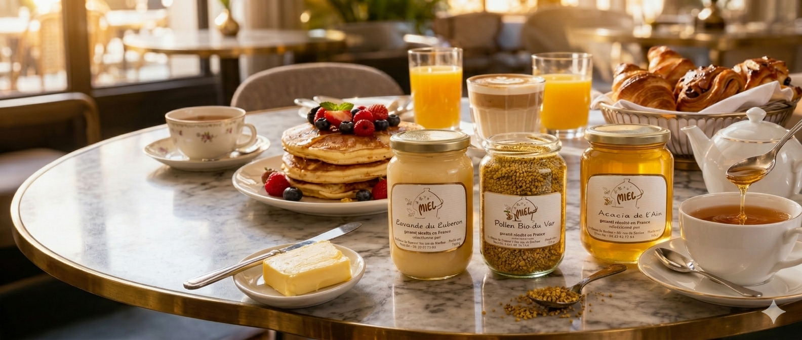 Petit déjeuner à la campagne avec miels artisanaux français