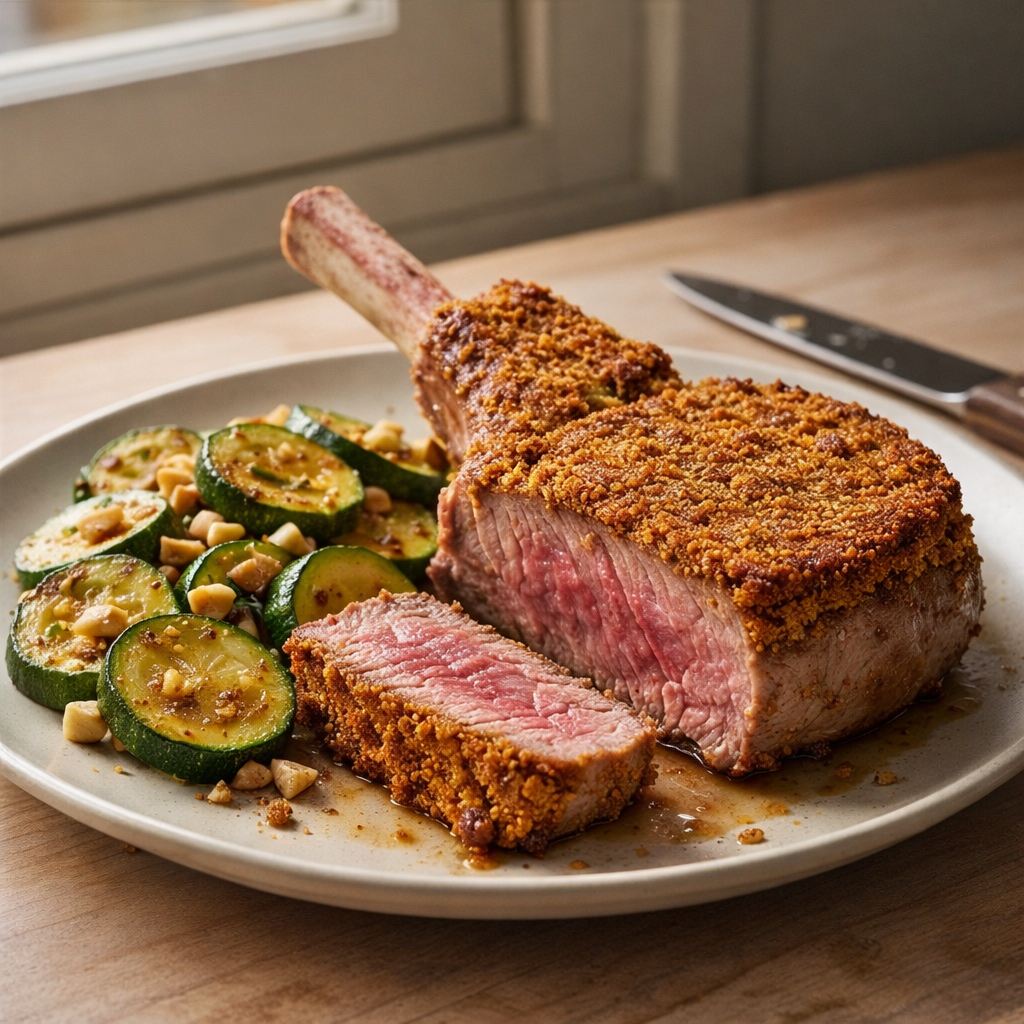 Côte de veau en croûte de pain d’épices, courgettes aux noisettes