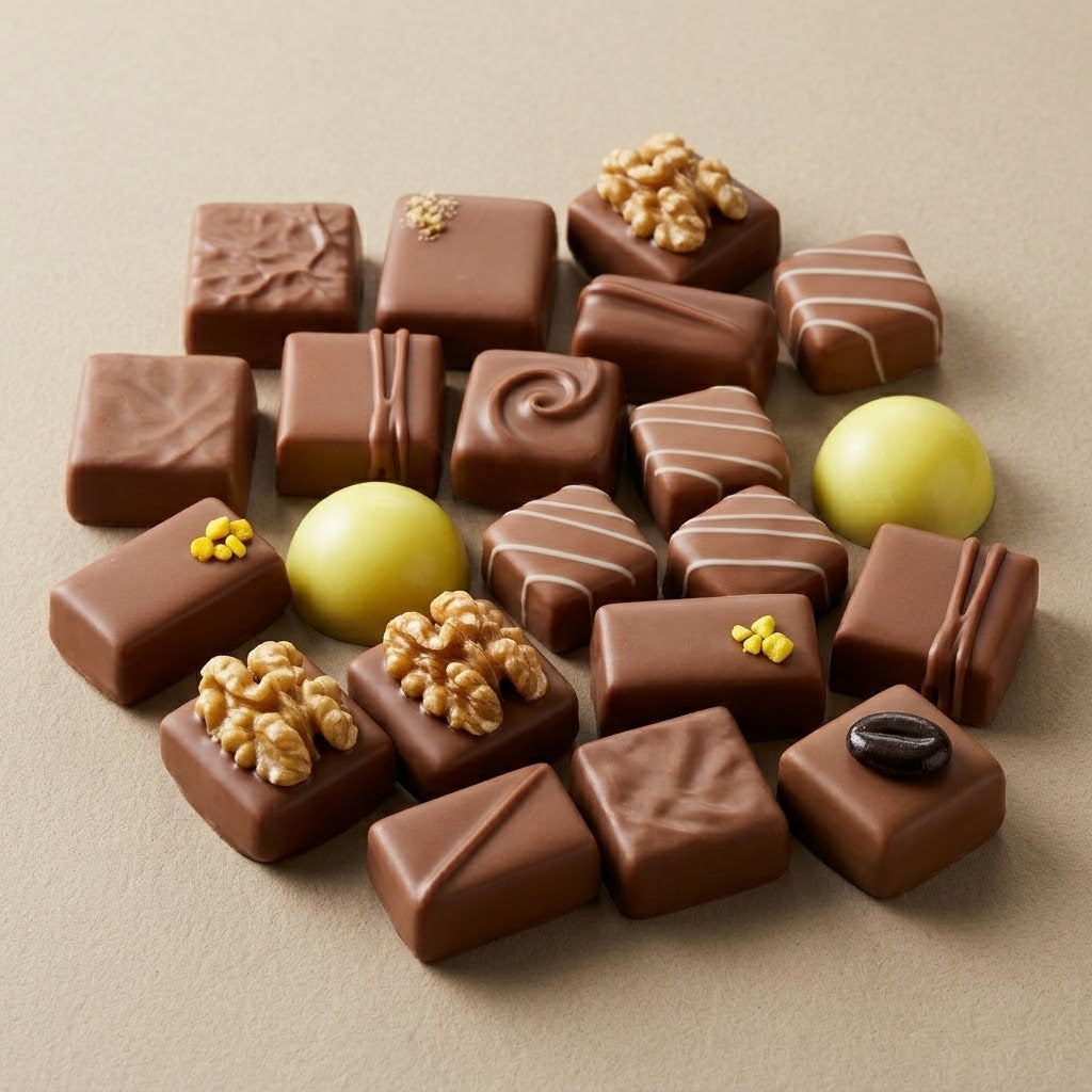 Assortiment de bonbons de chocolat au lait artisanaux disposés sur un fond beige