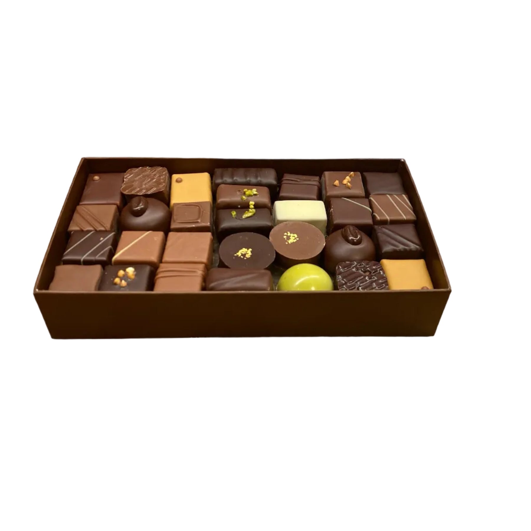 Grand coffret assortiment de chocolats artisanaux noir et lait – ganaches et pralinés – La Maison du Rocher Miel & Chocolat
