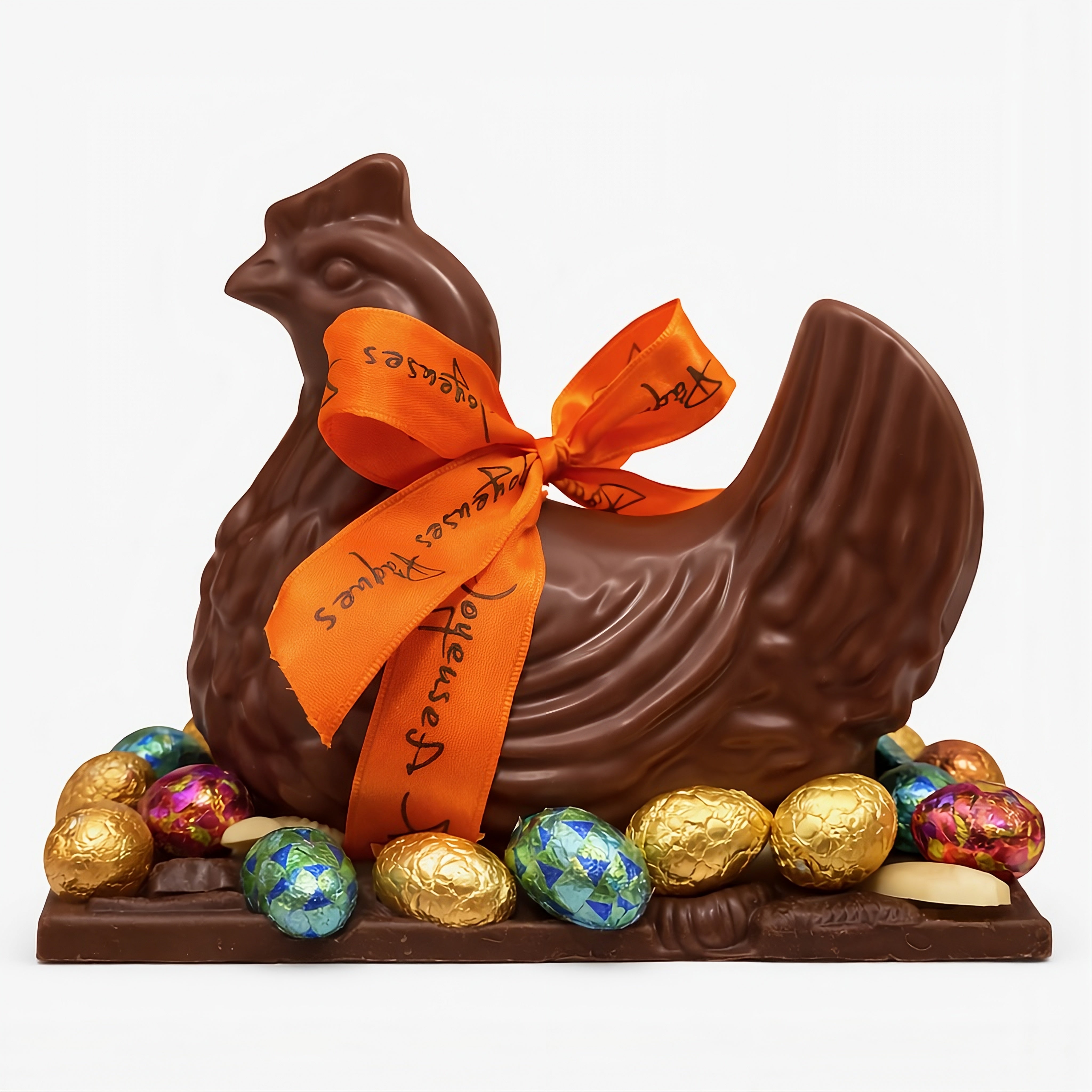 Grande poule Pâques chocolat lait nœud orange - La Maison du Rocher