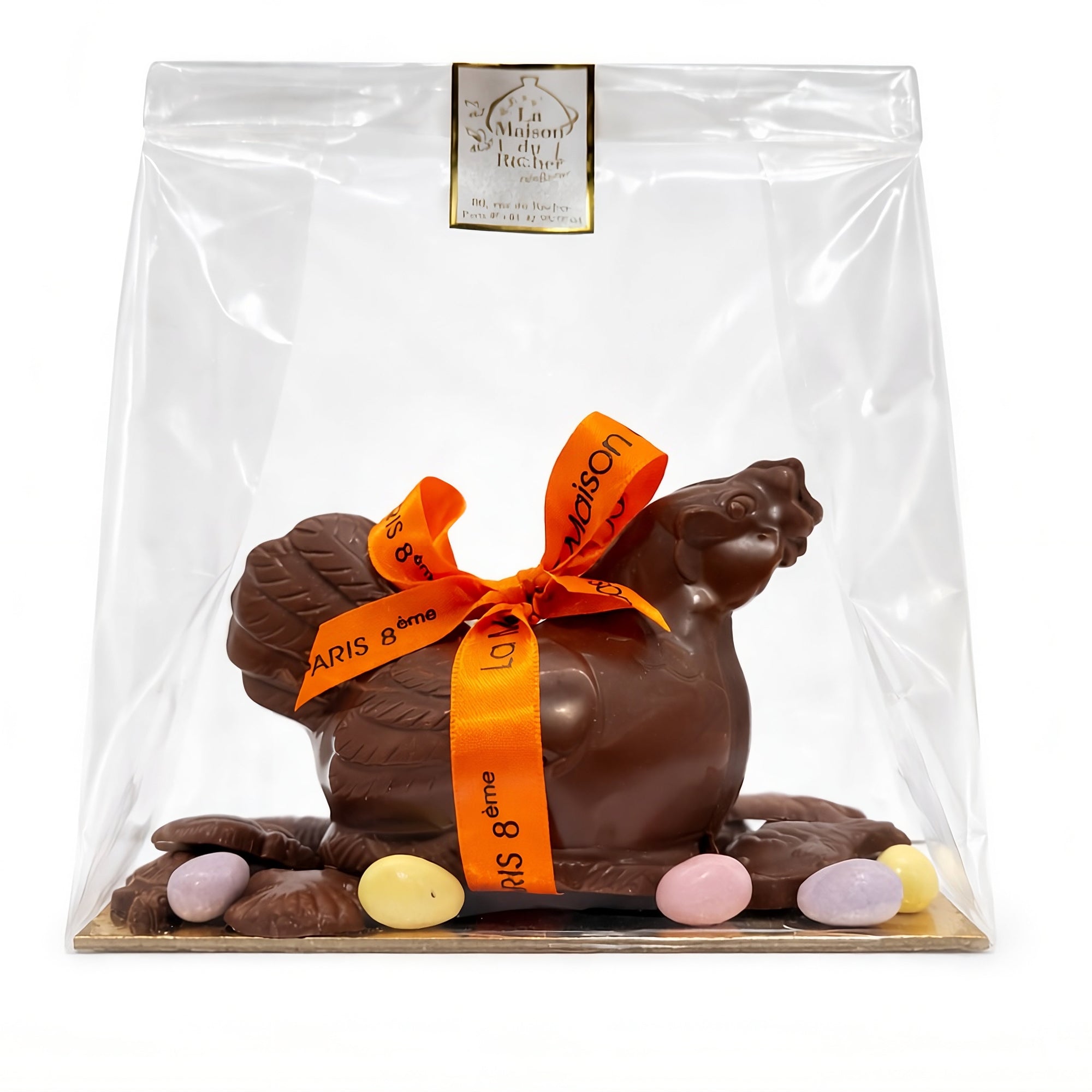 Petite poule Pâques chocolat lait nœud orange sachet - La Maison du Rocher